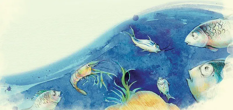 A vibrant underwater scene showing several fish swimming in blue water alongside a colorful shrimp and green seaweed growing from orange rocks.