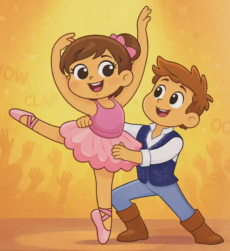 On the left side of the image, The Ballerina and The Male Dance Partner perform a dramatic ballet pas de deux on stage. The Ballerina stands on pointe with one arm raised gracefully overhead, smiling joyfully, while The Male Dance Partner supports her from behind in a dynamic lunge, gazing at her admiringly. In the background, silhouetted hands of an audience reach upward amid "CLAP" and "WOW" and "OOH" text, all bathed in warm golden stage lighting.