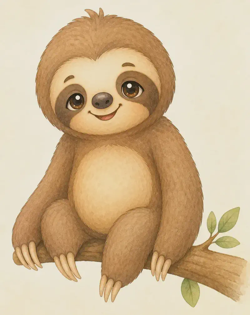 Introduce Octavio. Show him in a clear, friendly pose — perhaps gently hanging from a branch or sitting on one — so the reader can see him clearly. Soft simple tree-branch background.