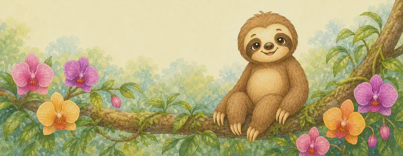 Octavio sits or hangs in a tree whose branches are decorated with several orchid blossoms (a few simple, brightly-colored orchid flowers among the leaves). Mood: peaceful and homey.