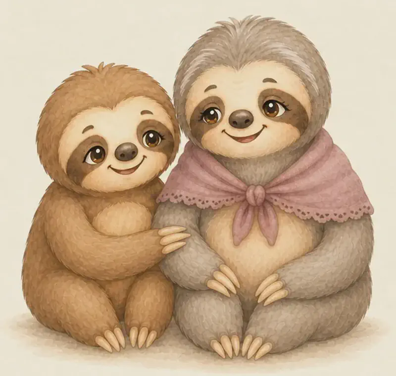 Octavio, a small light-brown young sloth, sits close beside his grandmother Omaira, a larger grey sloth with silvery hair and a dusty-pink lace-trimmed shawl tied at her chest. He leans into her affectionately, one paw resting gently on her arm. Both look at peace; Octavio's expression is caring and Omaira's is warm and content with a gentle smile. They sit together on the ground at the left side of the frame against a plain, soft cream background with only a faint shadow beneath them.