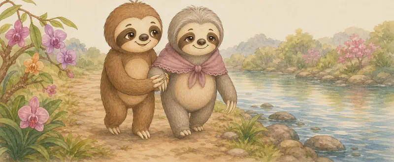 Octavio and Omaira walk slowly together side by side toward the calm edge of a river. Octavio holds her paw or gently supports her. The riverbank is visible behind them. Mood: warm and tender — closing-page feel.