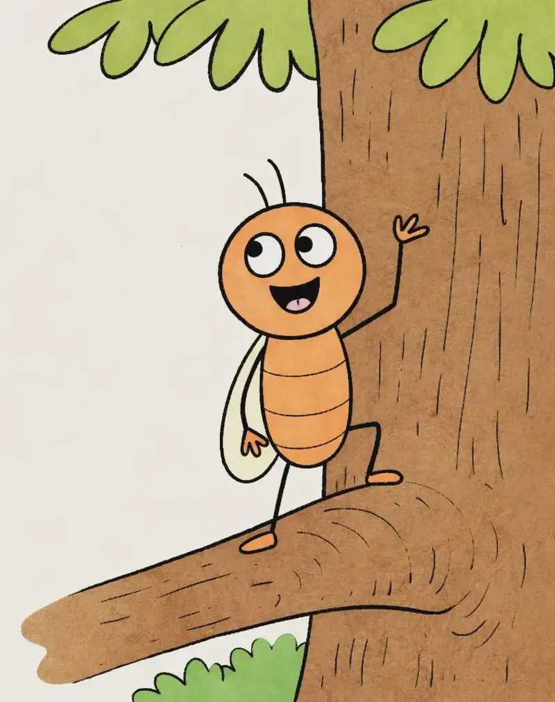 Bug stands on the right side of the image on a large tree branch, gripping the branch with her legs and grinning widely, looking excited and determined. The outdoor springtime scene features a large tree trunk filling much of the background, with green leaves overhead and lush green bushes and foliage visible in the bright, sunny background behind Bug.