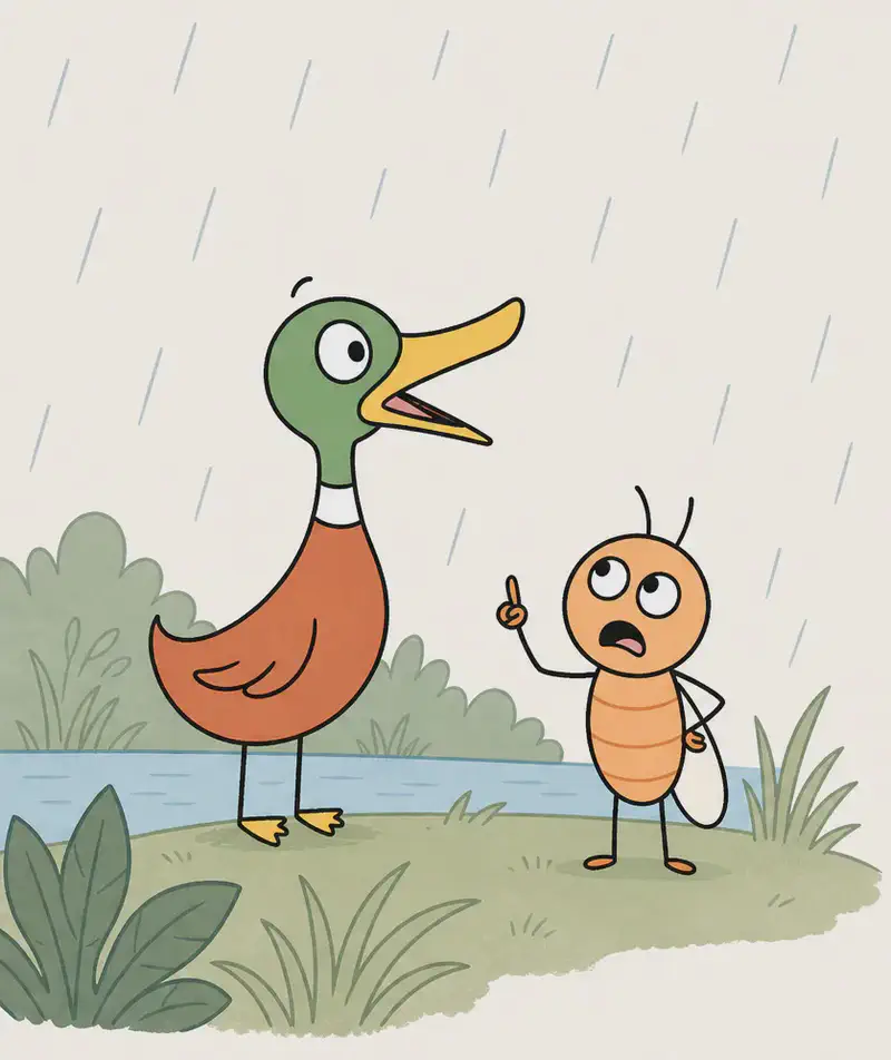 Duck stands on the left side of the image, beak open wide and head tilted upward, singing joyfully in the rain. Duck appears happy and carefree, standing upright on a grassy bank beside a pond or lake. Bug stands on the bank to Duck's right, frowning with her mouth open and one arm raised in a correcting gesture, clearly telling Duck the song is wrong. Rain falls steadily across the scene, with lush green bushes and foliage in the background and tropical-looking plants in the foreground.