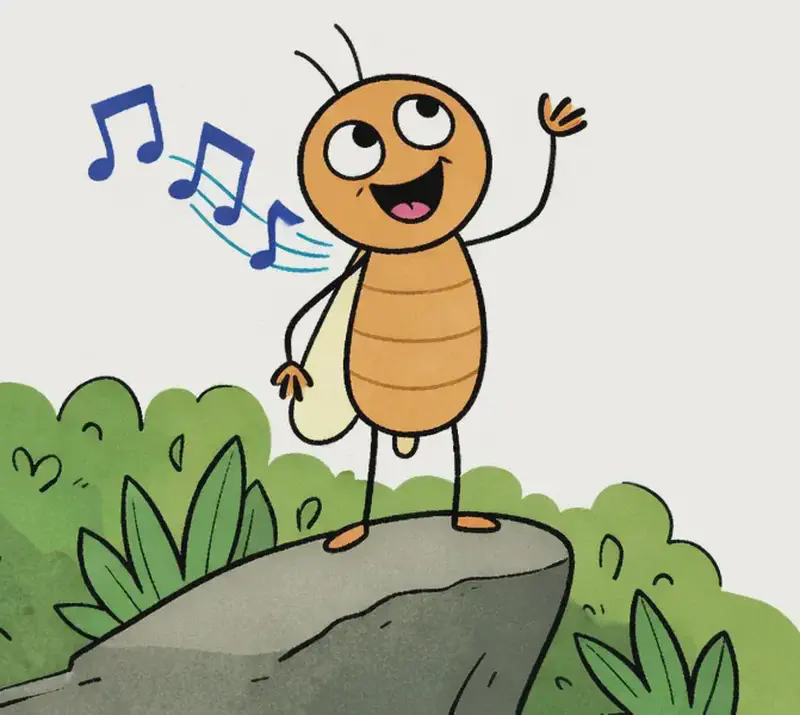 Bug is standing on a rock on the left side of the image, surrounded by green bushes and leaves. Bug has a wide, joyful smile with mouth open, singing happily with one arm raised in the air while musical notes float nearby. The outdoor scene is brightly lit with a plain white background filling the right side of the image.