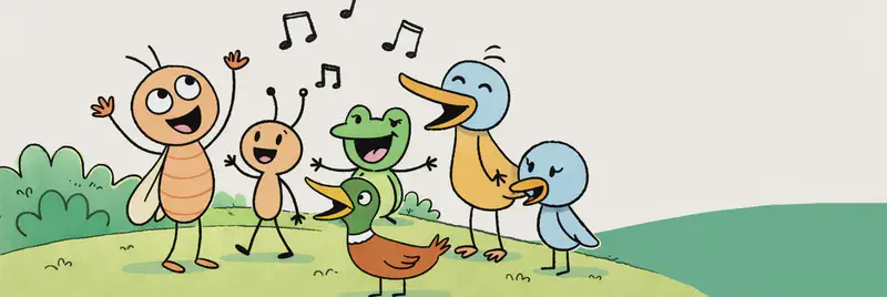 In the lower-left portion of the image, Bug stands at the front with arms raised enthusiastically, appearing to conduct the group as they sing together. Crick stands nearby, also with mouth open, joining in. Frog is behind them with mouth wide open, singing energetically. Duck stands among the group with beak open, singing along. Big Bird towers above the others in the back, looking down with a cheerful, wide-eyed expression and mouth open mid-song. Sad Bird is near the center, beak open and appearing to make an effort to sing, looking slightly uncertain. Musical notes float in the air above the group. The scene is set outdoors on a grassy hillside with bushes and trees in the background, under daylight. The top half of the image is open background with a teal-green color block on the right side.