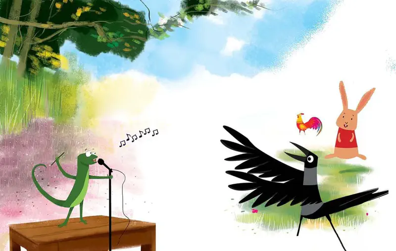 A green lizard sings into a microphone on a wooden table while a black magpie dances with wings spread as a rooster and rabbit in red watch in a colorful meadow.