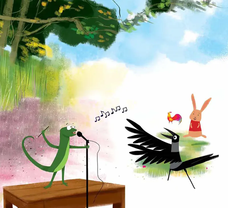 A green lizard sings into a microphone on a wooden table while a black magpie dances with wings spread as a rooster and rabbit in red watch in a sunny meadow.