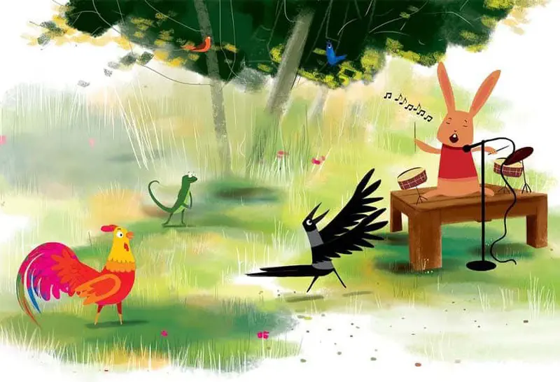 A rabbit in red sings and plays drums at a wooden table while a rooster, magpie, and green lizard gather in a grassy clearing under a tree with colorful birds.