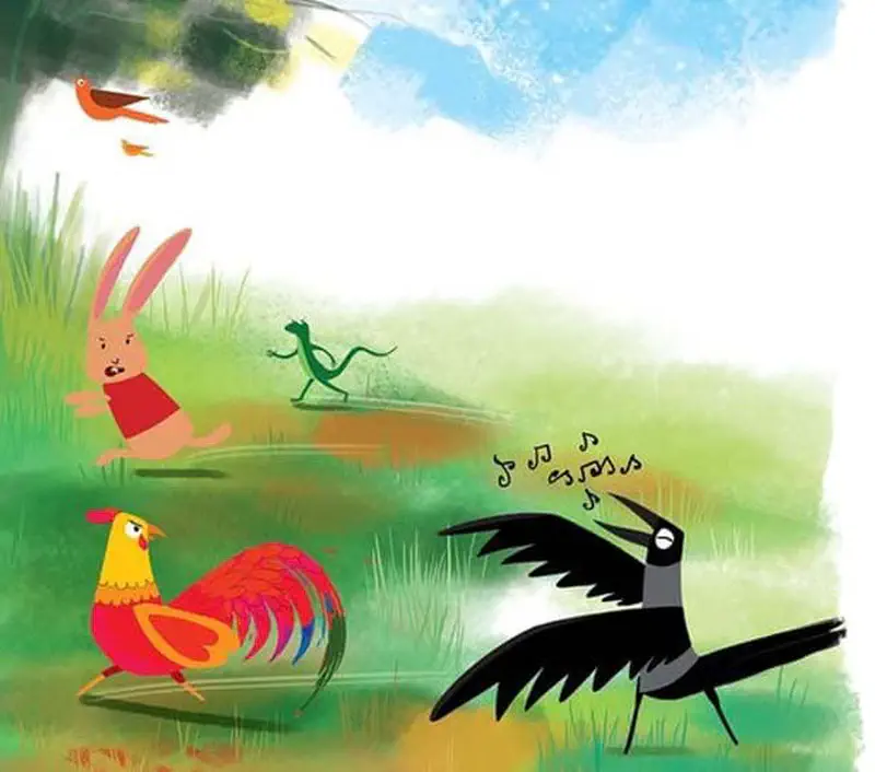 Animals gather in a meadow as a magpie sings with musical notes, while a rabbit runs, a rooster struts, and a lizard dashes across the grass.