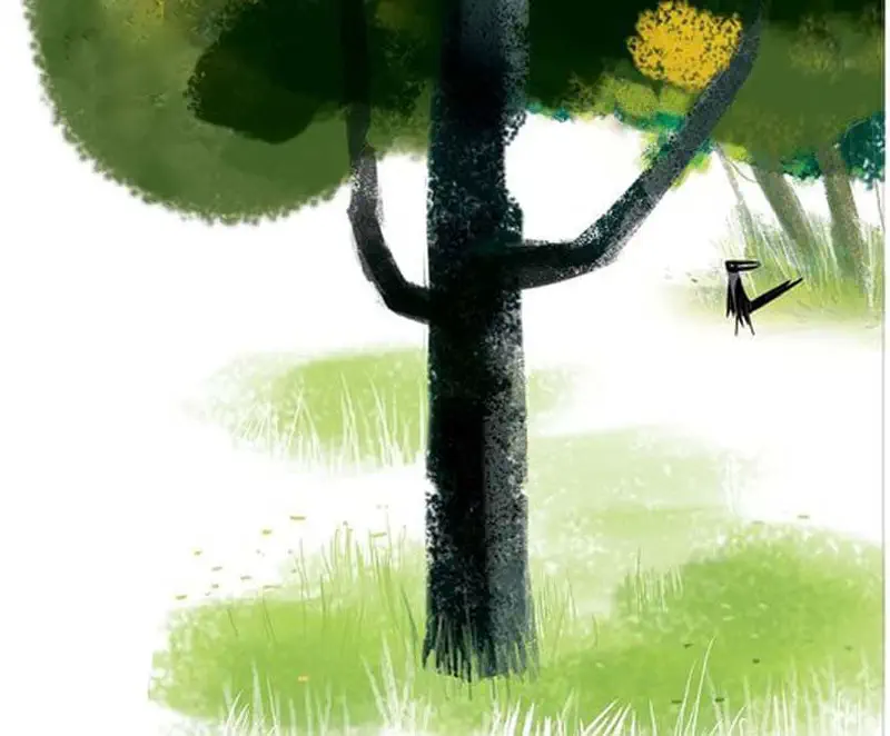 A peaceful forest scene with a large dark tree trunk in the foreground and a small black magpie walking in the distant grassy meadow.