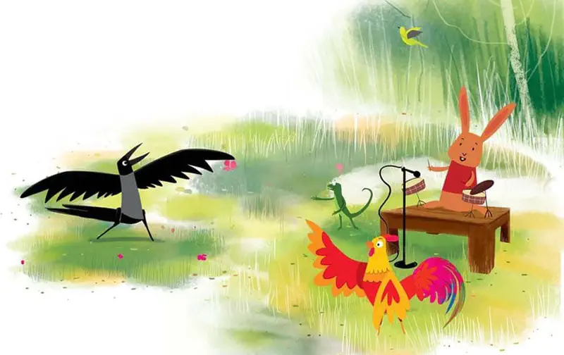 A colorful rooster with orange and pink feathers spreads its wings while a magpie dances, a lizard holds a microphone, and a rabbit plays drums in a meadow.