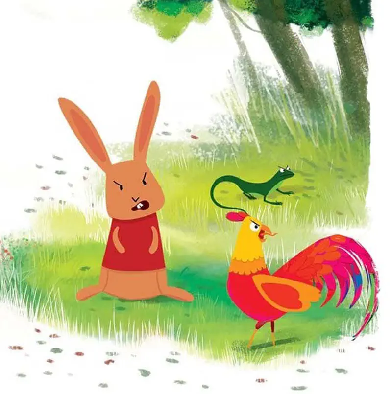 An angry rabbit in red sits facing a colorful rooster while a green lizard runs in the background of a grassy meadow under large trees.