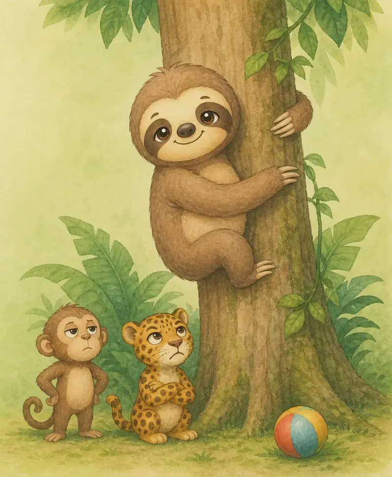 Octavio is moving slowly down a tree trunk; a ball lies on the ground nearby, just having rolled past him. One or two unnamed small jungle animals stand below looking a little impatient or bored. Mood: gentle frustration, slowness contrasted with eagerness.