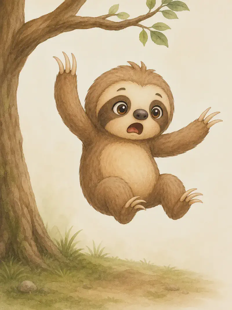 Octavio is mid-fall from a tree branch high above, eyes wide open in surprise, paws splayed. The branch is visible above him and the ground below — the moment of falling is captured. Mood: startled, alarmed.