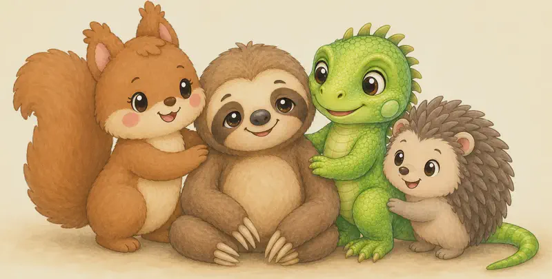 Octavio sits on the ground at the centre with his three friends gathered closely around him in a comforting, supportive group: Adela, Irene and Enrique offer gentle gestures of help — a paw on the shoulder, a kind look, leaning in. Mood: warm friendship and patience.