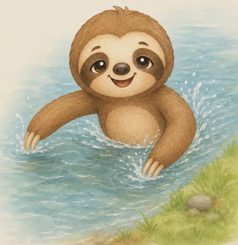 A river or stream. Octavio is in the water, paddling happily with a clearly delighted expression — water ripples around him. Setting: a riverbank with simple grass at the edge. (Friends may be hinted at the bank as small simple shapes but the focus is Octavio enjoying the swim.) Mood: joyful, free, the closing feel-good page.