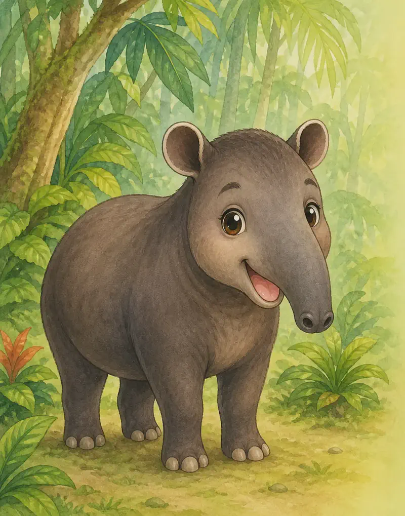 Introduce Diana. Show her full body in a calm pose so the reader can see her sturdy build, dark coat, and long snout. Setting: a lush jungle clearing with simple foliage. Mood: gentle and welcoming.