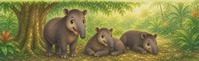 Diana standing in the dappled shade of a large jungle tree, with one or two other tapirs nearby. The bright sun is suggested just outside the shaded area. Mood: caring, responsible, comfortable in the shade.