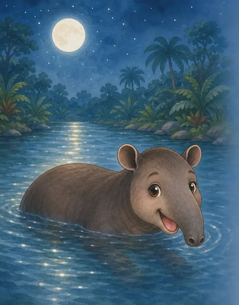 A night scene: Diana wading into a calm river, partly submerged, swimming gracefully under a soft moonlit sky. The water ripples gently around her. Mood: peaceful and serene.