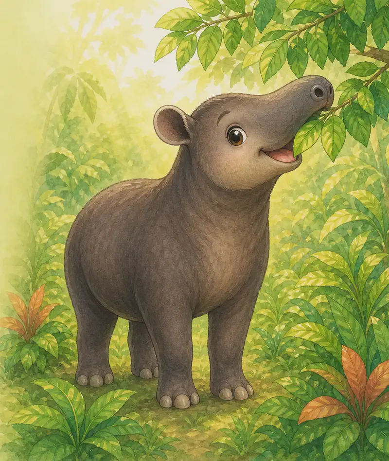 Morning light. Diana stands among low jungle plants reaching her long snout up to a leafy branch and gently nibbling a leaf. Some plants and tree foliage are around her. Mood: alert, content, fed.
