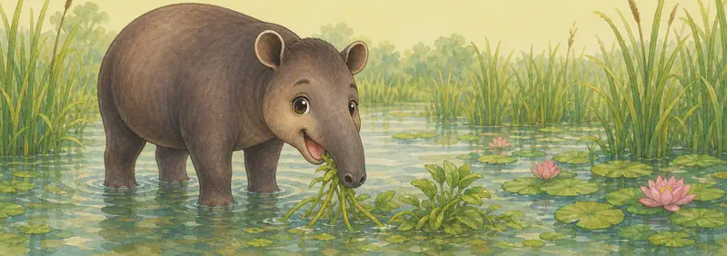Diana standing in a shallow wetland, lowering her long snout to pull at an aquatic plant. Water reeds and lily pads around. Mood: easy, capable, calm.