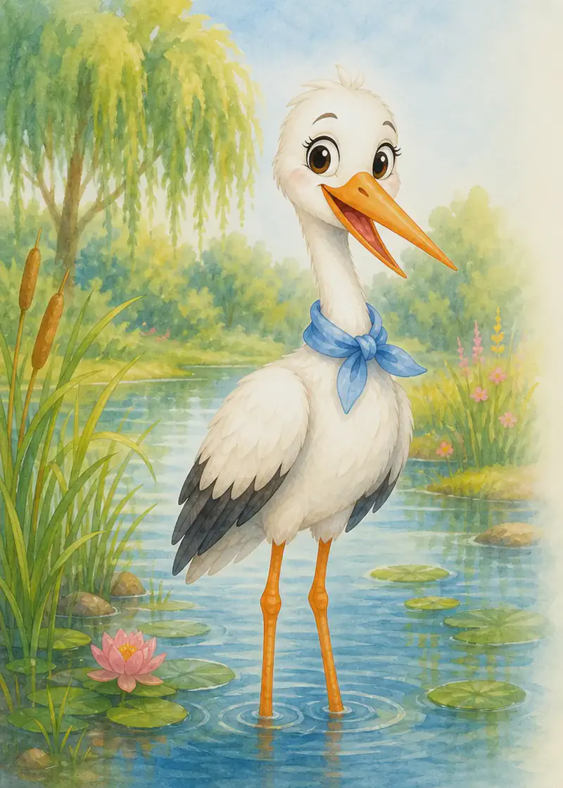 Introduce Agüita. Show her standing in a shallow wetland in the park so her orange legs are clearly visible against the water and her orange beak stands out against her white body. Mood: calm, gentle wetland introduction.