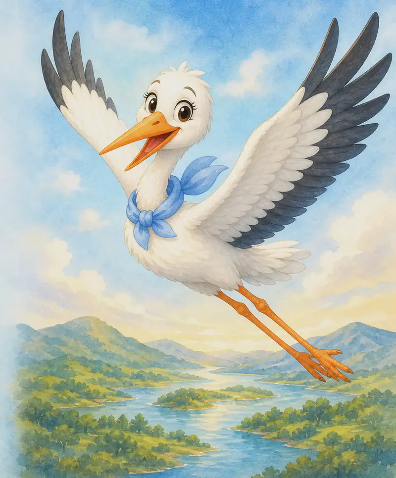 Agüita in mid-flight migrating between two destinations. She flies through an open sky with her wings spread wide, long orange legs trailing behind. The mood suggests her travel and bilingual life — confident, well-travelled. Keep symbolism light; no recognisable city silhouettes or flags required. Mood: graceful migration.