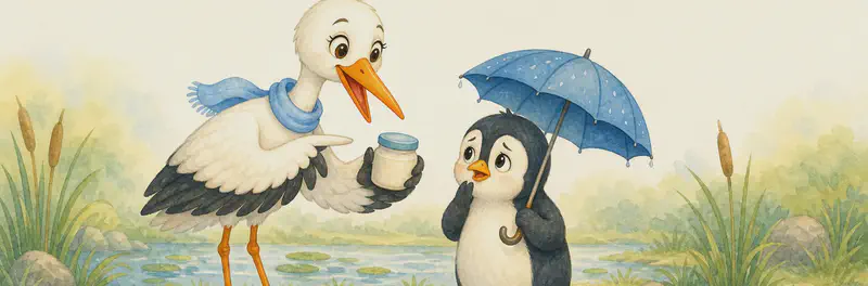 Agüita stands beside Pitágoras the penguin, who holds a small umbrella over himself with one flipper and looks worried about his sore legs. Agüita peers at a small bottle/jar of ointment in her beak or held in her wing, explaining what it says. Pitágoras listens attentively. Mood: helpful, kind problem-solving. No written text or labels on the jar.