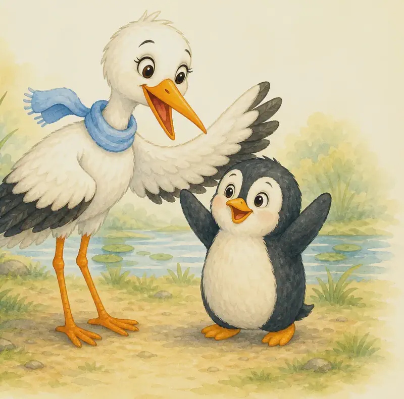 Pitágoras stands happily without his umbrella, free of pain, his flippers raised in joy. Beside him, Agüita beams warmly, her wings slightly spread in a friendly gesture. Mood: warm friendship, healing, and gratitude — closing feel-good page.