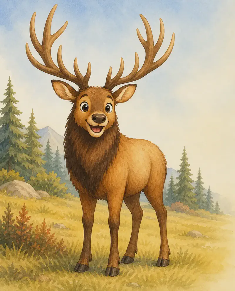 Introduce William. Show him in a confident, full-body standing pose so the reader can clearly see his large body, the mane on his neck, and his branching antlers. He has an impressive, dignified look. Setting: open field with a slight hint of Canadian forest in the distance.