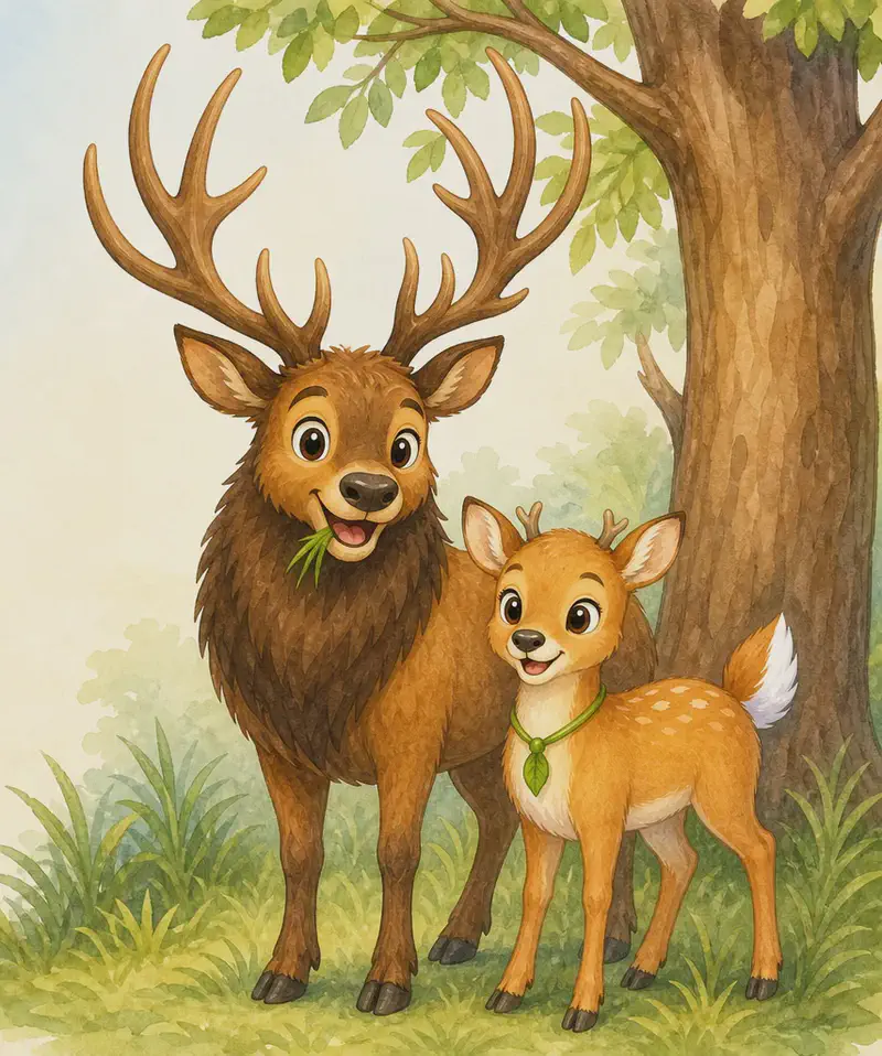 William and Víctor stand together in a grassy area, side by side so the reader can compare their builds — William is clearly larger with a mane and bigger antlers; Víctor is smaller, smooth-furred, with much smaller antlers and a white tail. One of them might be nibbling grass or tree bark to illustrate the diet.