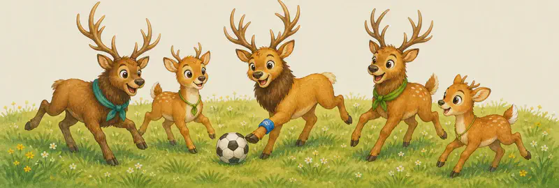 An outdoor soccer-style game on a grassy field. William, Walter, and Wilfredo (three wapiti with antlers) are playing alongside Víctor and one or two other deer; the three wapiti friends Waleska, Wendy, and Waldina may stand together a bit further back. One of the wapiti kicks a soccer ball. The scene is energetic and friendly.