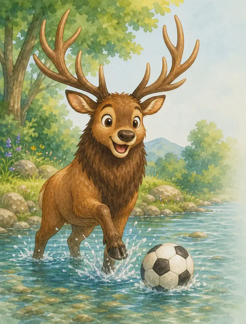 William stands in the shallow water of a park stream, splashing happily as he plays soccer. The water comes up to his lower legs. A soccer ball floats nearby. His warm, glowing expression shows that the water keeps him cool. Stream banks visible.