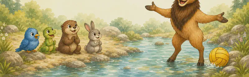 William stands at the edge of the stream, gesturing warmly to invite participants. A small group of tiny animals sits on the bank watching with delight as audience members. The mood is welcoming and celebratory — the closing page of the tournament announcement.