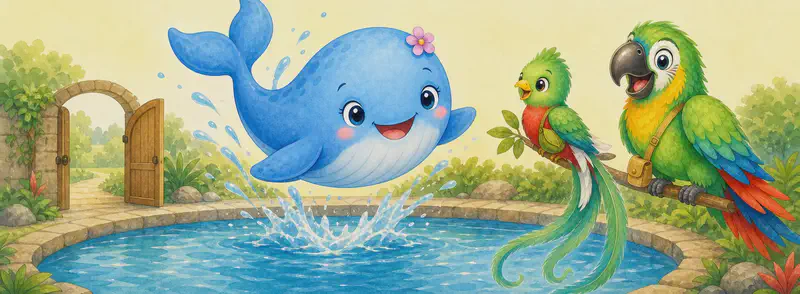 Berta the whale mid-leap above her park pool, spinning gracefully in the air with a joyful expression. A simple open gate or door is visible at the edge of the pool. Quique and Paco can be perched or hovering nearby as spectators. Mood: spectacular and joyful — but with the gate quietly left open as a setup.