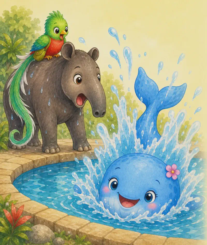 Diana stands at the edge of the pool with Quique perched on her back or just beside her. A big splash of water erupts in front of them as Berta hits the water. Their expressions show surprise. Mood: surprise moment, the SPLASH.