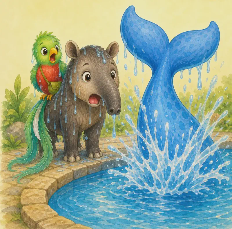 Berta's great tail is visible slapping down on the surface of the pool sending water spraying outward. Diana and Quique stand at the pool edge fully drenched, water dripping from them, with wide-eyed shocked expressions. Mood: chilly surprise, comic moment.