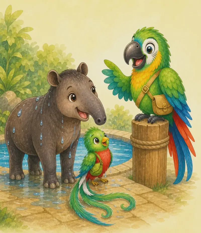 Diana, still damp, looks toward Paco who has landed on a nearby post or the pool edge. Paco's expression is regretful but playful, one wing slightly raised in a "if only I'd been here" gesture. Quique stands wet beside Diana. Mood: conversation, gentle humour.