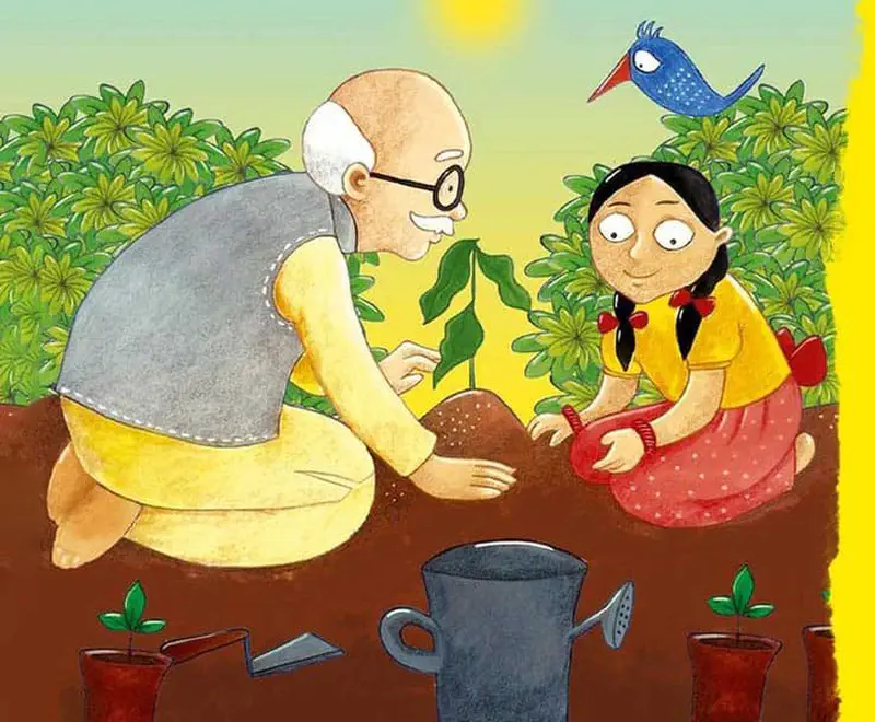 An elderly grandfather with glasses teaches a young girl how to plant seedlings in the garden while a blue bird watches from above.