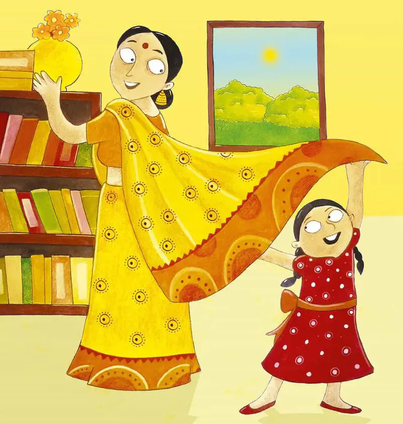 A mother in a yellow sari with orange patterns shows off her new dress to her daughter in a red polka dot dress inside their home.