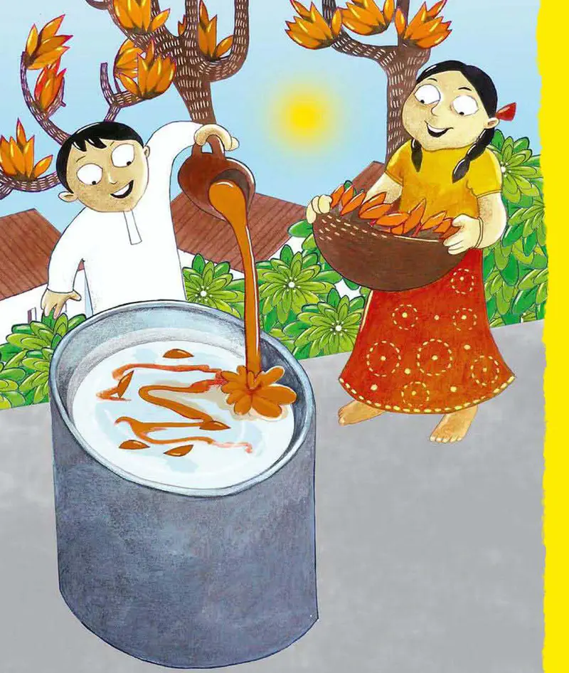 A boy pours orange colored liquid into a large metal container while a girl in a red skirt holds a basket of orange vegetables for Holi preparations.
