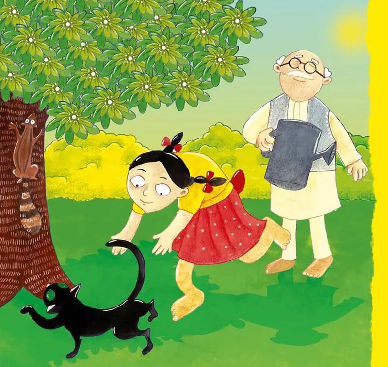 A girl in a red dress reaches for a black cat in the yard while grandfather holds a watering can, with a squirrel peeking from behind a tree.