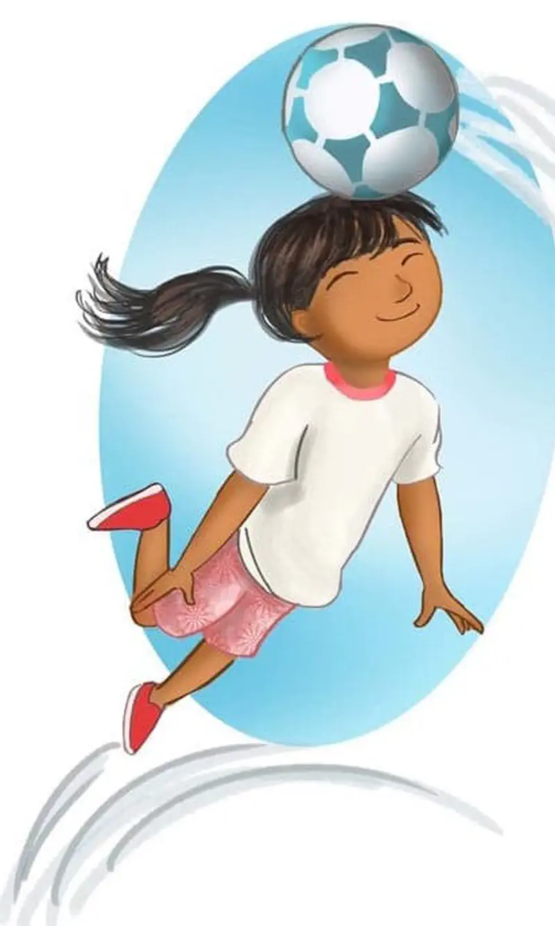 A girl with a ponytail in a white shirt and pink skirt jumps to head a soccer ball, eyes closed with a happy smile against a blue sky background.