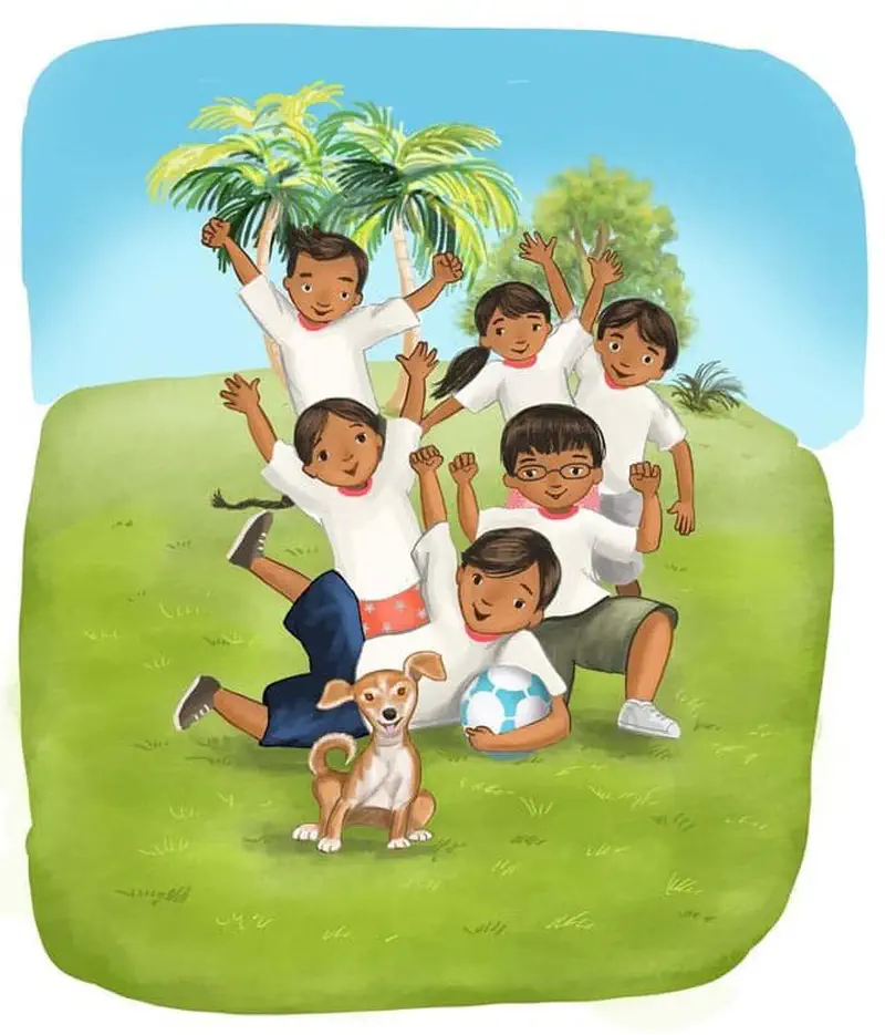 Seven happy children in white shirts celebrate together on a grassy hill with raised arms, a soccer ball, and a tan dog in front of palm trees.