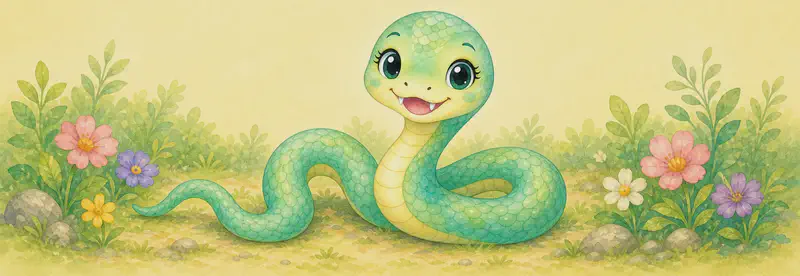 Introduce Sara. Show her in a friendly coiled or gently curving pose so the reader can see her scaly body and small fangs. Simple background.
