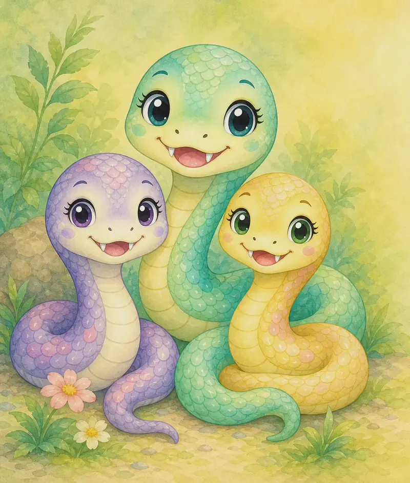 Sara together with her two snake siblings, all gently coiled side by side as a family. Warm, sibling-friendly mood. Simple background.