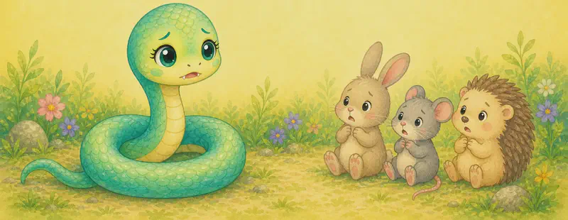 Sara is alone on one side, looking gentle and sad, while a small group of unnamed animals backs away from her with worried, fearful expressions on the other side. Mood: misunderstanding.