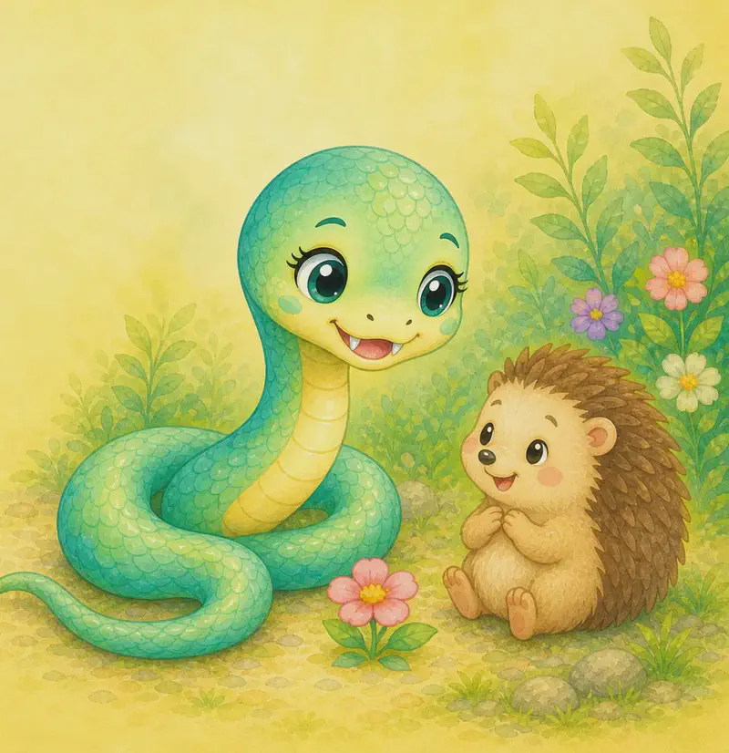 Sara the small green snake sits coiled beside a small hedgehog, the two smiling warmly at each other with a pink flower blooming between them. No helping action — they are simply sitting together happily. The hedgehog sits on the right among leafy plants and pink, purple and white flowers; the left side is open soft yellow background. Both look kind and content. Closing-page warm feel.