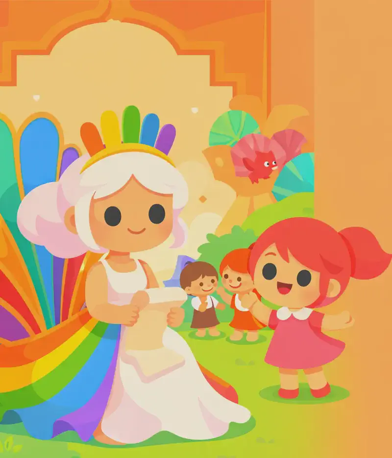 On the left side of the image, The Rainbow Queen is seated, smiling gently as she reads a letter she holds in her hands. She wears a white sleeveless floor-length dress with bold rainbow stripes along the outer edges, and a golden crown adorned with upright rainbow-coloured feather-like points on her fluffy white-to-pale-pink hair. Behind her, through a large ornate archway, Kate — a small chibi girl with coral-red hair in side-swept bangs and a short ponytail, wearing a pink A-line dress with a white peter pan collar and red mary jane shoes — plays joyfully on a green lawn, clapping her hands and grinning alongside two other small fairy children. The scene is set in the late afternoon with warm golden-orange light bathing the palace courtyard, and colourful fan-shaped plants and a small red bird frame the archway. The right ~40% of the image is plain warm orange background, clear for text.